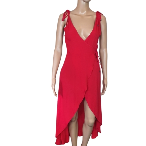 Mink Pink wrap midi dress Red S XS strappy tie waist frill hem cocktail v-neck - Picture 7 of 11